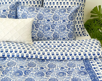 Blue Floral Printed Duvet Cover, Indian Hand Block Print Duvet Cover with Pillowcase & Shams, Cotton Sateen Fabric, King, Queen, Twin, Full