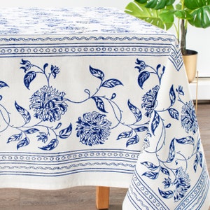 Blue White Table Cloth, 100% Cotton, Floral Hand Block Print for Home, Kitchen, Dining Room, Holiday