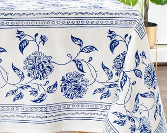 Blue White Table Cloth, 100% Cotton, Floral Hand Block Print for Home, Kitchen, Dining Room, Holiday