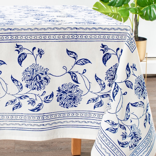 Blue White Table Cloth, 100% Cotton, Floral Hand Block Print for Home, Kitchen, Dining Room, Holiday