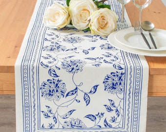 Blue Table Runners, 100% Cotton, Floral Hand Block Print for Home, Kitchen, Dining Room, Holiday