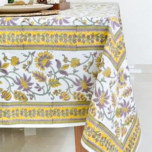 ATOSII Jade 100% Cotton Rectangle Summer Tablecloth, Block Print Flo-573230