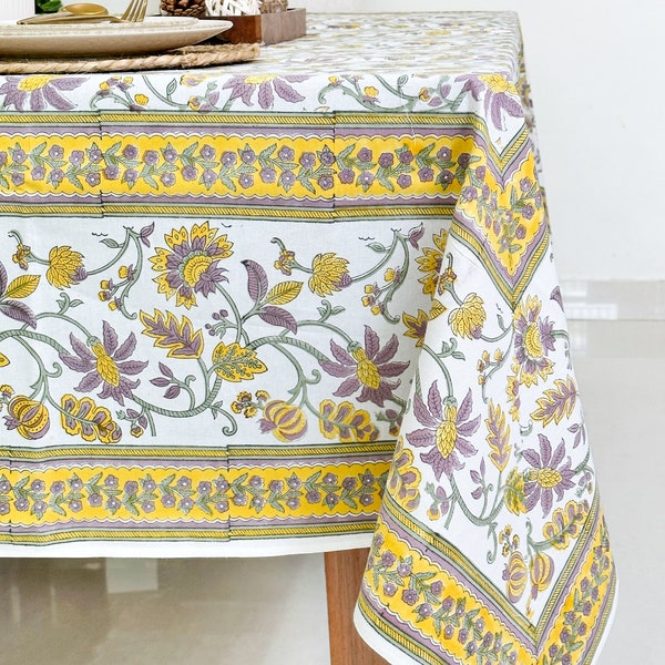 Yellow Taupe Floral 100% Cotton Table Cloth for Dining Table Kitchen Wedding Everyday Use Dinner Parties, Hand Block Printed