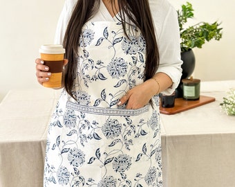 Blue White Floral Apron for Her, Block Printed Apron, Mother's Day Gift, Birthday Gift, Christmas Gift