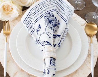 Blue & Off White Table Cloth Napkins 100% Cotton, Floral Hand Block Print, 20x20 inch for Home, Kitchen, Dining Room, Holiday Décor