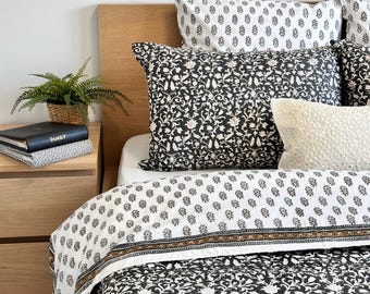 Black Floral Duvet Cover, Indian Hand Block Print Duvet Cover with Pillowcase & Shams, Cotton Sateen Fabric, King, Queen, Twin, Full