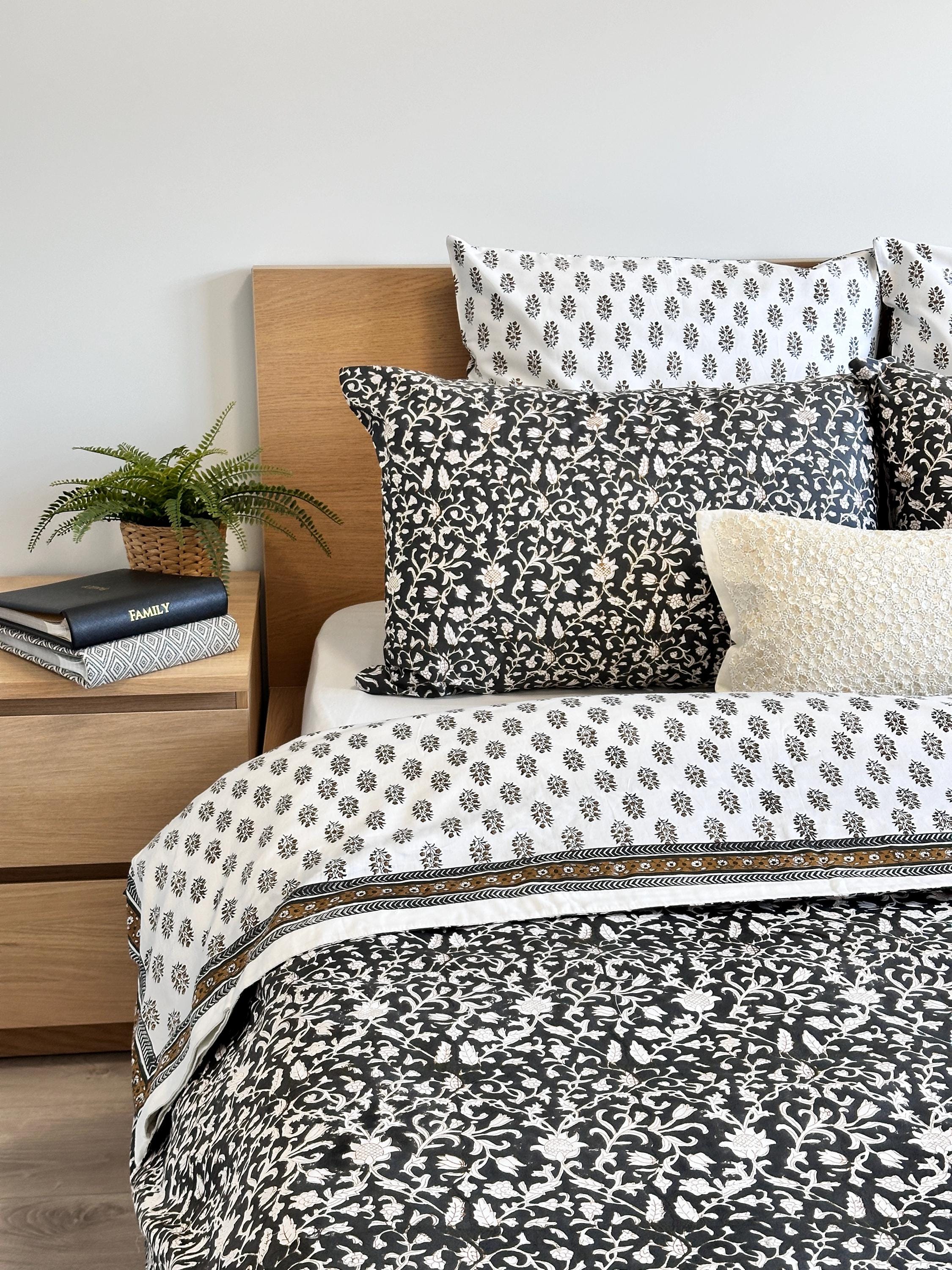 Black Floral Duvet Cover, Indian Hand Block Print Duvet Cover with Pillowcase & Shams, Cotton Sateen Fabric, King, Queen, Twin, Full