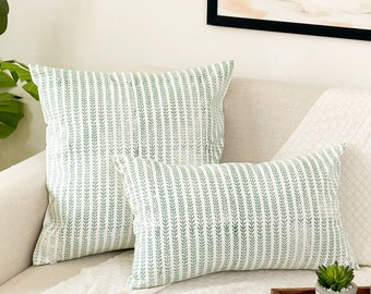 Green Leafy Stripes Block Print Pillow Cover for Bedroom, Living Room, Family Room, Patio, Baby Nursery, Dorm, RV, 100% Cotton