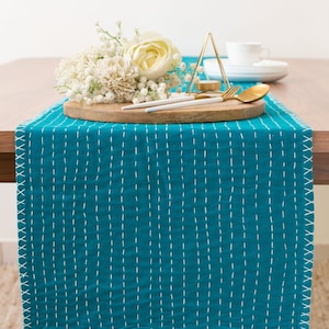 Dark Teal Pure Cotton Table Runner with Kantha Pattern for Thanksgiving, Home, Kitchen, Dining Room, Holiday, Wedding Party image 1