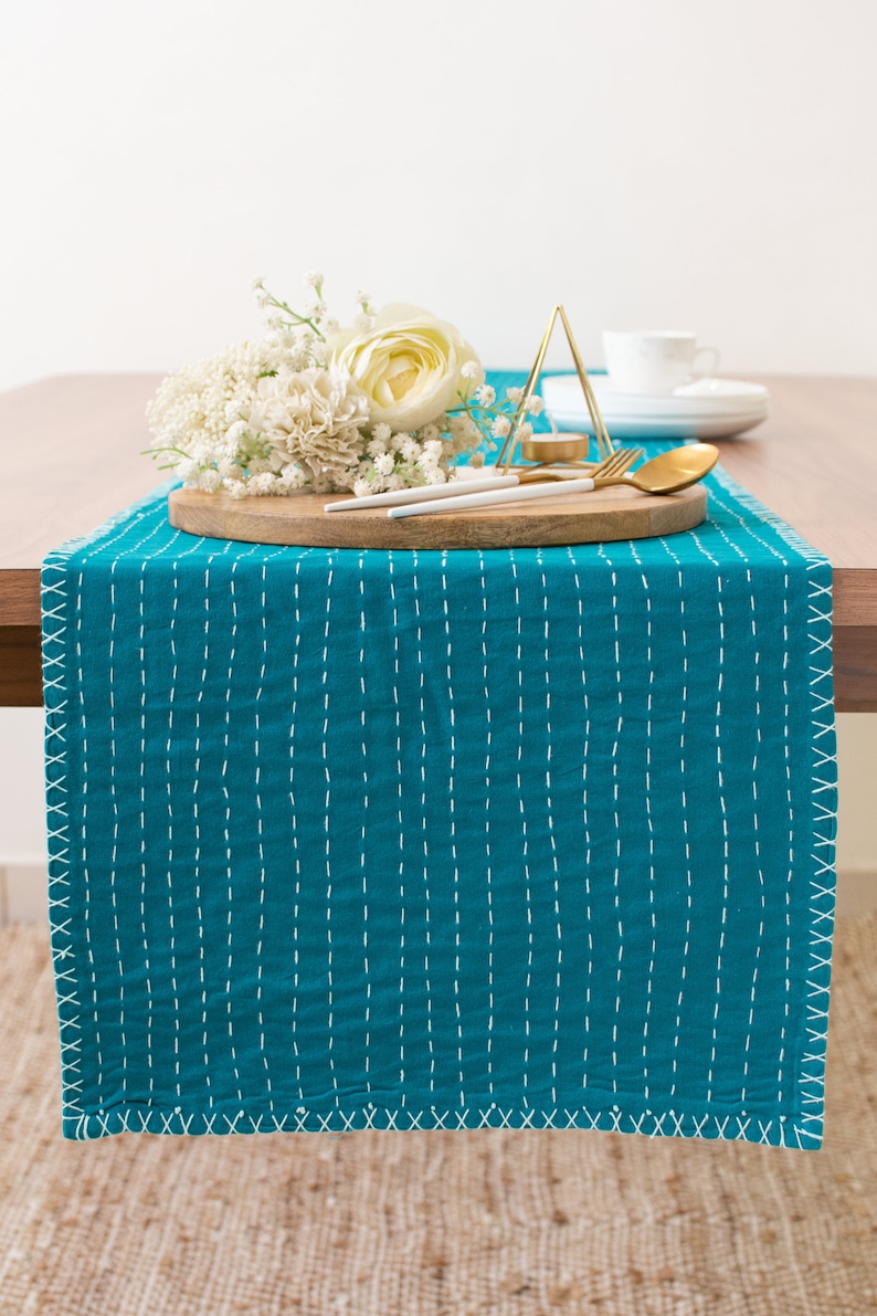 Dark Teal Pure Cotton Table Runner with Kantha Pattern for Thanksgiving, Home, Kitchen, Dining Room, Holiday, Wedding Party image 1