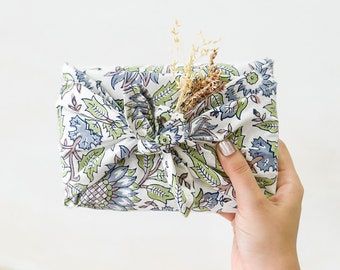 Flower Furoshiki Reusebale Cloth Gift Wrap, Japenese Fabric Wrap, Block Printed Cotton Furoshiki Cloth