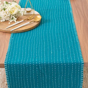 Dark Teal Pure Cotton Table Runner with Kantha Pattern for Thanksgiving, Home, Kitchen, Dining Room, Holiday, Wedding Party image 2