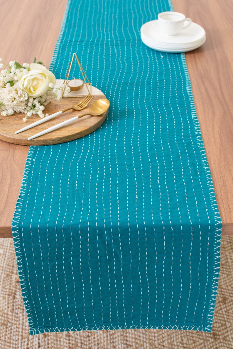 Dark Teal Pure Cotton Table Runner with Kantha Pattern for Thanksgiving, Home, Kitchen, Dining Room, Holiday, Wedding Party image 2