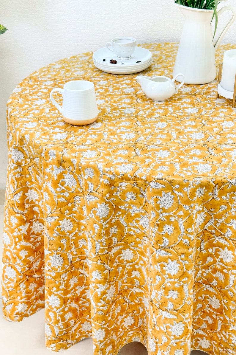 Mustard Floral 100% Cotton Round Table Cloth for Dining Table Kitchen Wedding Everyday Use Dinner Parties ,Mustard, Hand Block Printed image 4