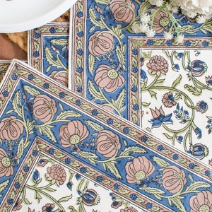 Floral Print 100% Cotton Set of 6 Placemats for Dining Table Kitchen Wedding Everyday Use Dinner Parties (14x18 inch, Blue, Block Printed) afbeelding 3
