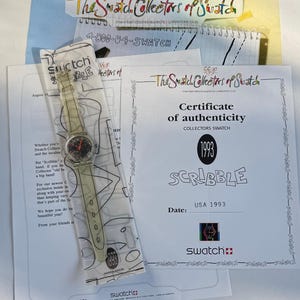 Vintage Swatch Watch 1993 Collector's Club SCRIBBLE #GZ124 w/Certificate