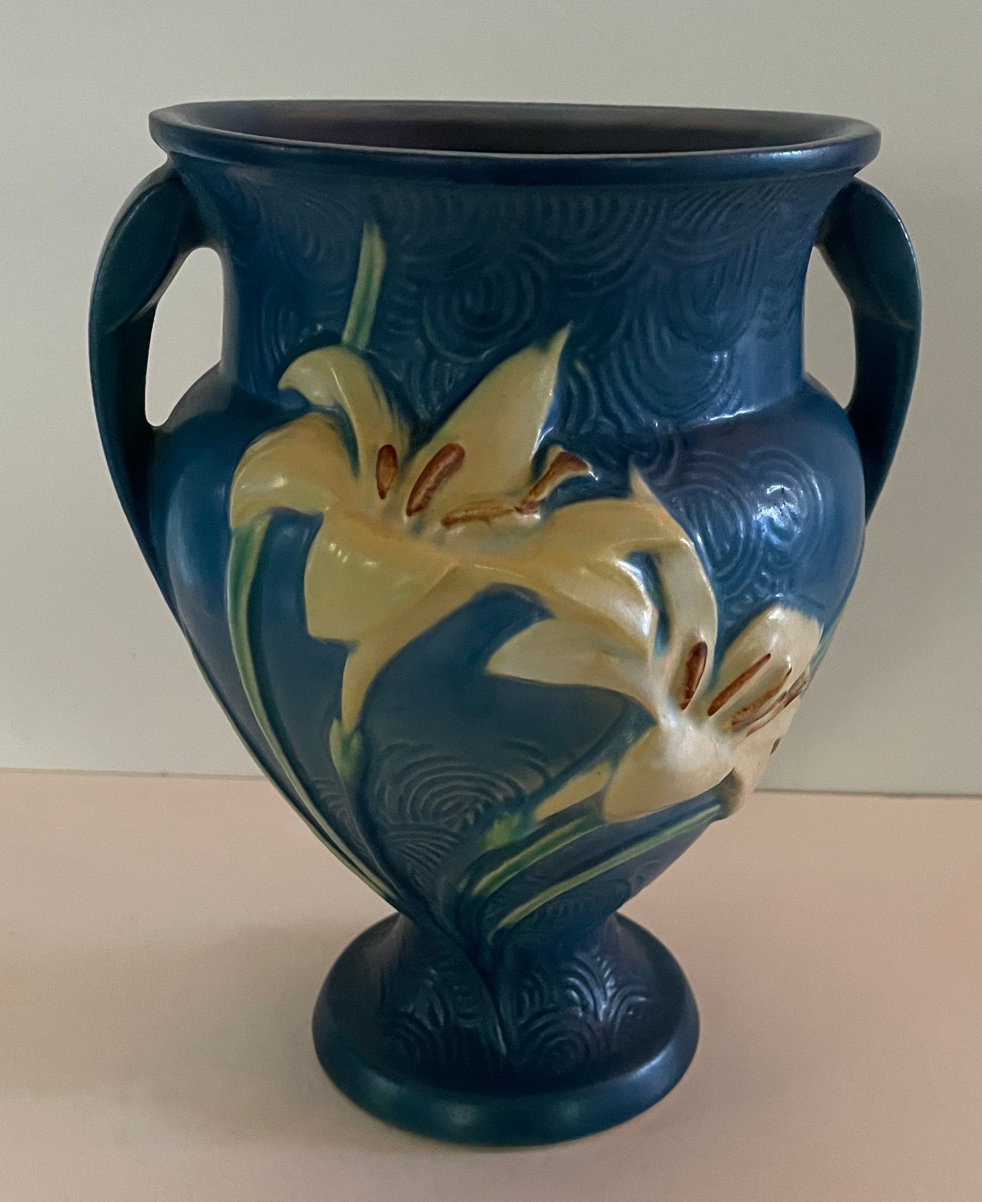 Vintage Roseville Pottery Blue Zephyr Lily Two Handle Vase Etsy