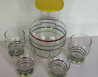 Vintage LIbbey Juice Carafe Decanter & 4 Juice Glasses Multicolored Stripe Set