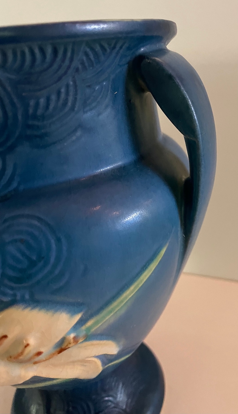 Vintage Roseville Pottery Blue Zephyr Lily Two Handle Vase Etsy
