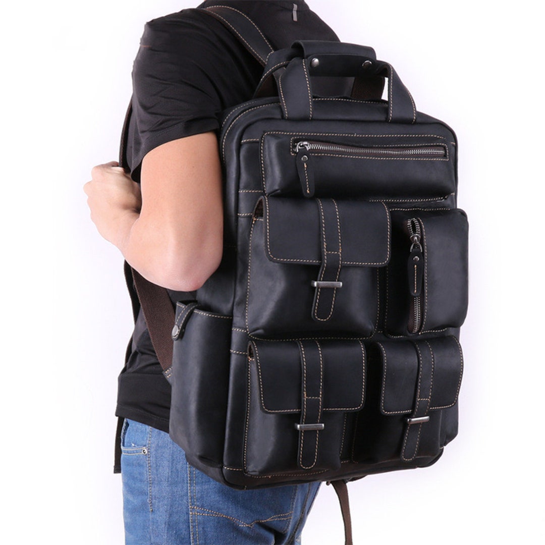 Vintage Leather Backpack Black Leather Laptop Tote Bag Etsy