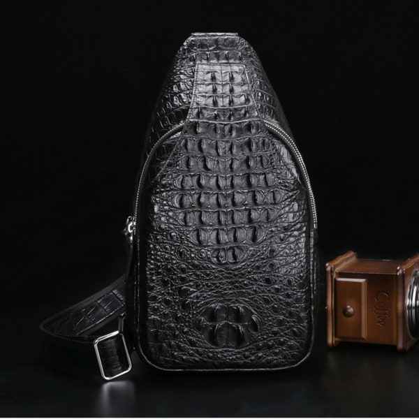 Luxury Leather Crossbody Bag, Men's Alligator Leather Sling Bag, Vintage Handmade Hiking Daypack, Travel Chest Bag Shoulder Backpack