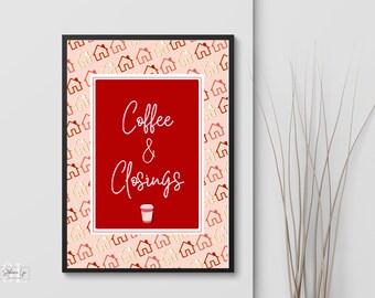 Red coffee closing realtor art, preppy aesthetic mortgage real estate wall art Red white poster home loan officer broker art print