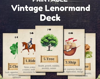 Jeu de cartes Lenormand antique, 36 cartes divinatoires imprimables avec inserts de cartes à jouer, cartes de divination vintage, téléchargement numérique instantané