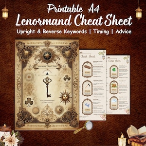 Aide-mémoire Lenormand vintage imprimable, guide de divination vintage antique avec signification inversée, timing, mots-clés de la carte, téléchargement immédiat