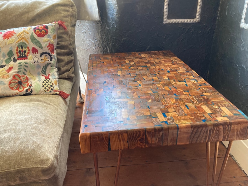View of Reclaimed Wood Side Table, Mosaic End Grain Design, North London - Etsy