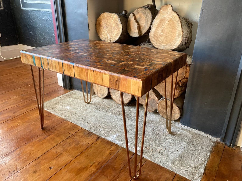 Reclaimed Wood Side Table, Mosaic End Grain Design, North London - Etsy - Textured Glass And Reclaimed Wood Side Table