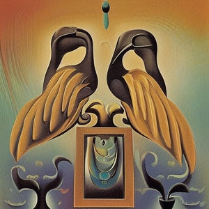 May include: A stylized painting of two birds with golden wings facing each other. The birds are perched on a decorative frame with a smaller frame inside. The background is a gradient of orange, yellow, and blue.