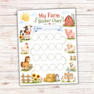 May include: A My Farm Sticker Chart featuring a sun, a red barn, and various farm animals including a cow, pig, chicken, sheep, horse, and duck. The chart includes a name line, a dotted path of circular spaces for stickers, and a sign that says You're doing great!