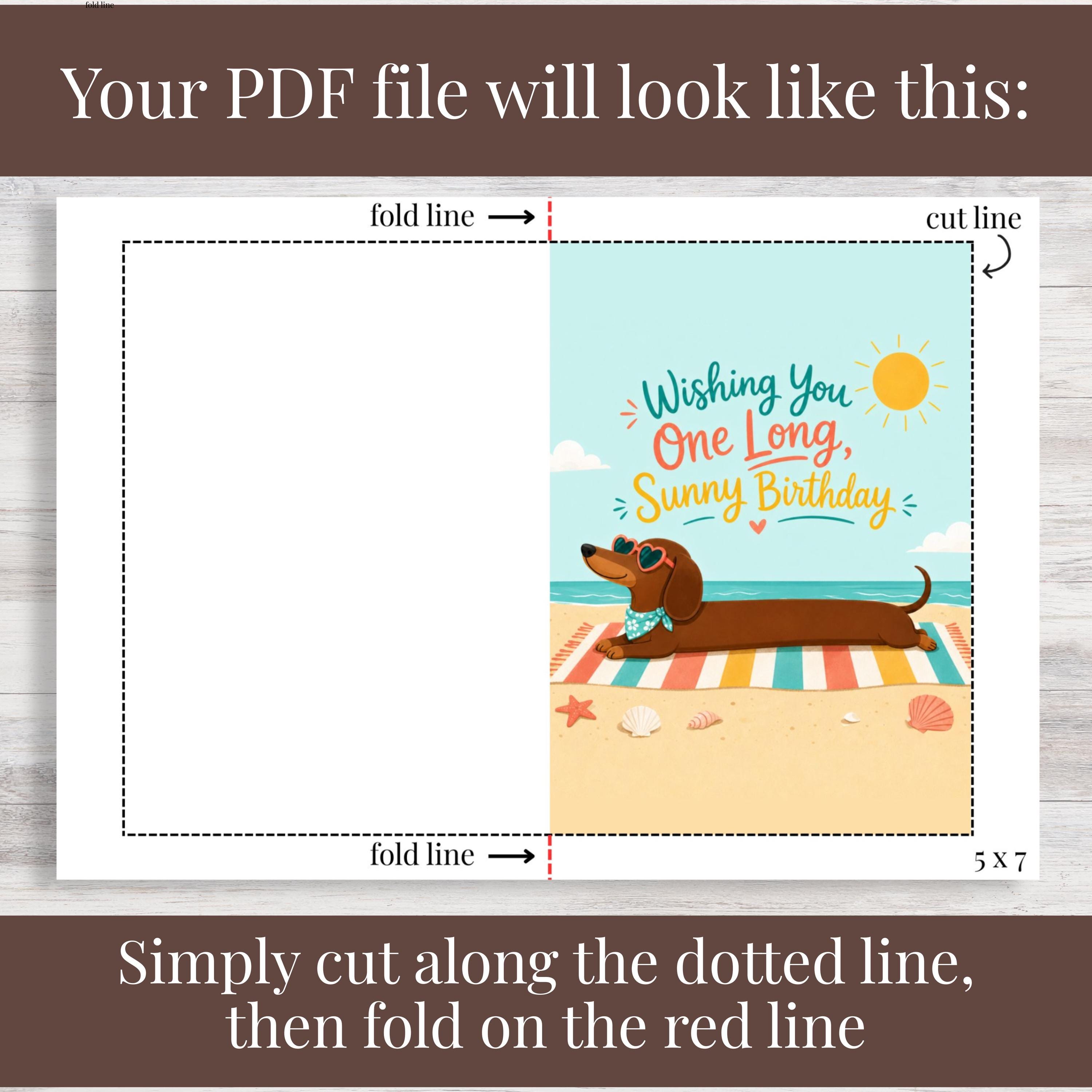 Printable Dachshund Birthday Card One Long Sunny Birthday Summer Beach ...