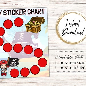 May include: A printable sticker chart with a pirate theme. The chart features a pirate ship, treasure chest, and a cartoon pirate. The chart has red circles for stickers and the text "MY STICKER CHART". The words "Instant Download" are also visible.