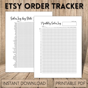 May include: Two printable PDF order trackers. One is a sales log by state, and the other is a monthly sales log. The text "ETSY ORDER TRACKER" is at the top. The words "INSTANT DOWNLOAD" and "PRINTABLE PDF" are at the bottom.