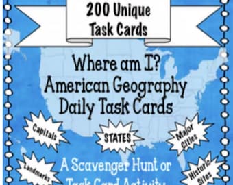 American Geography Task Cards – US Social Studies, Homeschool (200 Slides)
