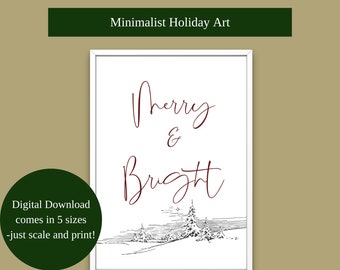 Minimalist Holiday Art / Merry and Bright / Holiday Digital Download / Holiday Decor / Digital File in 5 Sizes