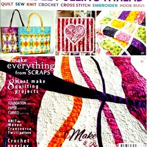 May include: A magazine cover titled "A Needle Pulling Thread" featuring a colorful quilt with the text "Make & Be Happy" and the words "8 must make quilting projects".