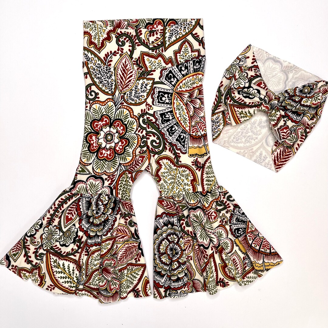 Paisley Bell Bottoms With Matching Headband Bow, Baby Bell Bottoms