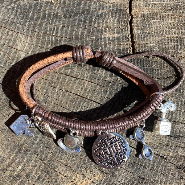 Customizable  Leather Writers Charm Bracelet for Authors