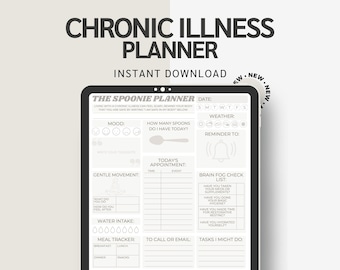 Op de afbeelding: Een printbare planner ontworpen voor mensen met chronische ziekten. De planner bevat secties voor het bijhouden van stemming, energieniveaus, afspraken, medicijnen, waterinname, maaltijden en taken. De planner bevat ook een checklist voor hersenmist en een sectie voor dankbaarheid.