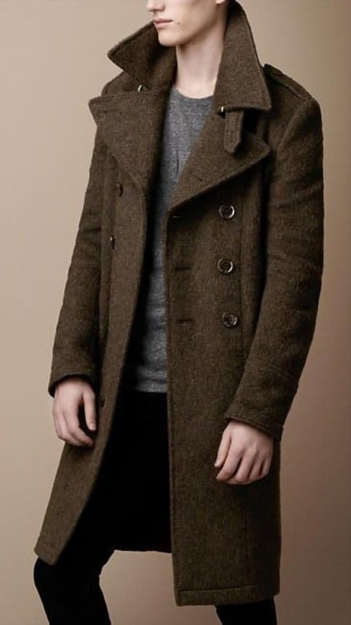 Men's Chocolate Brown Wool Coat Double Breasted Long Etsy