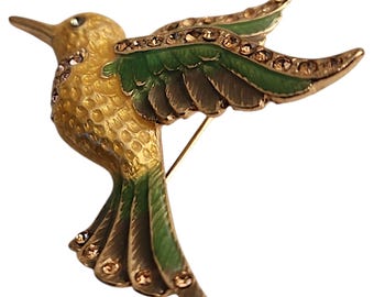 Vintage Hummingbird Gold Tone And Green Pin Brooch
