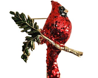 Vintage Beautiful Red Glitter Enamel Cardinal Bird Gold Tone Brooch Pin