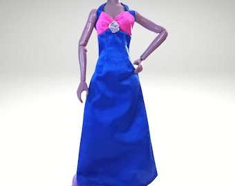 Barbie Gown Evening Elegance 1995 Royal Blue Long Halter Dress Silver Flower CB3