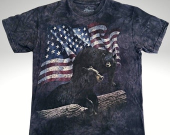 Vintage 2001 The Mountain Bear T Shirt Size M Blue Tie Dye USA Flag Bears