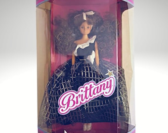 1989 Vintage Rare Uneeda Brittany Brunette Fashion Doll Black and Gold Gown