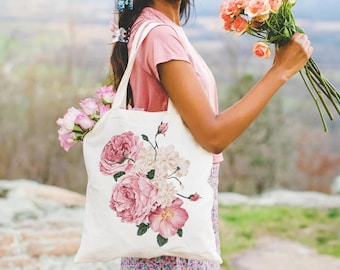 Watercolor Flowers Tote Bag, Roses and Peonies, Canvas Tote Bag, Reduce Reuse Recycle, Tote Bag Trendy, Gifts For Her