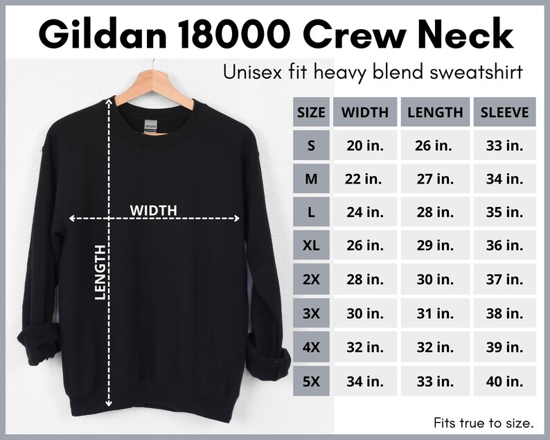 Puede incluir: Tabla de tallas para sudadera de cuello redondo Gildan 18000 negra con medidas en pulgadas para las tallas S a 5X. La tabla muestra las medidas de ancho, largo y manga.