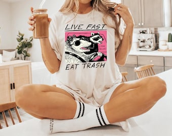 Vintage 90s Style Live Fast Eat Trash T-Shirt, Retro Racoon Graphic Tee, Trendy Shirt, Funny T-Shirt